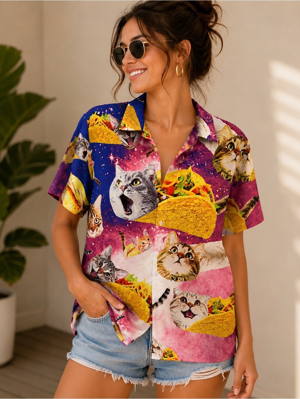 Cat & Taco Print Short Sleeve Shirt - Pink Blue